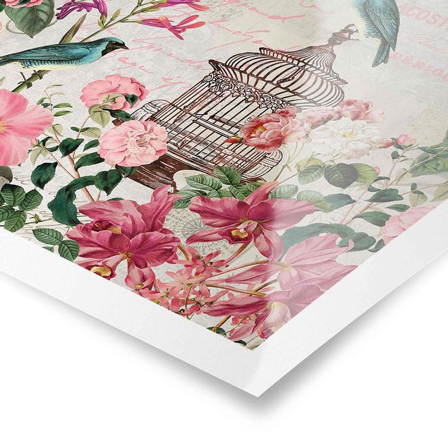 Poster - Shabby Chic Collage - Fiori rosa e Bluebirds - Quadrato 1:1