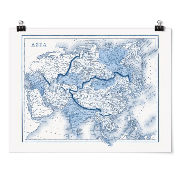 Poster - Mappa nei toni blu - Asia - Orizzontale 3:4