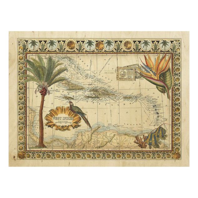 Stampa su legno - Vintage Tropical Mappa West India - Orizzontale 3:4