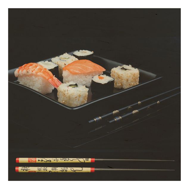 Stampa su legno - Sushi piatto con le bacchette nero - Quadrato 1:1