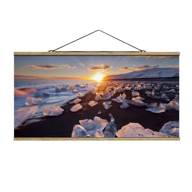Foto su tessuto da parete con bastone - Pezzi di ghiaccio Sulla Spiaggia Islanda - Orizzontale 1:2