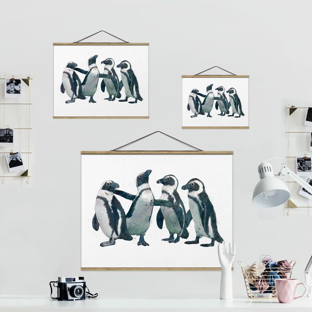 Foto su tessuto da parete con bastone - Laura Graves - Illustrazione Pinguini nero e acquerello bianco - Orizzontale 3:4