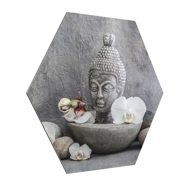Esagono in Alluminio Dibond - Zen Buddha, orchidee e pietre