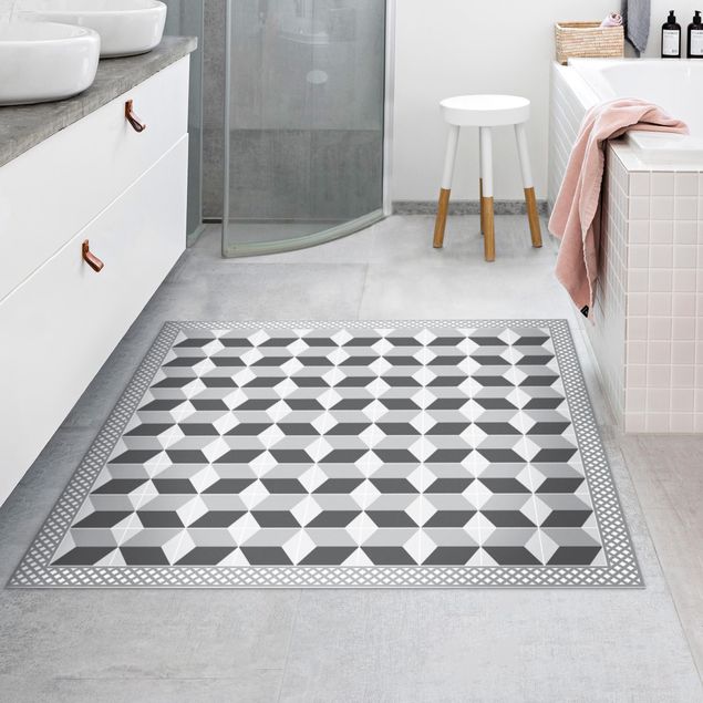 Tappeti moderni soggiorno Piastrelle geometriche Illusione di scale in grigio con bordo