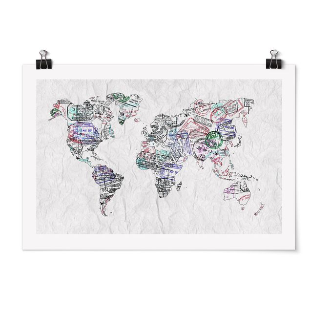 Poster - Timbro del passaporto Mappa del mondo - Orizzontale 2:3