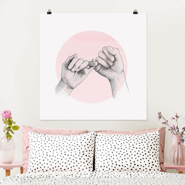 Poster - Illustrazione mani Amicizia Circle Rosa Bianco - Quadrato 1:1