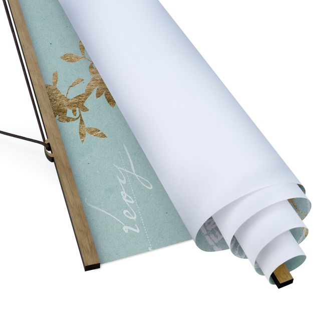 Quadro su tessuto con stecche per poster - Foglie d'oro su Turquoise II - Quadrato 1:1
