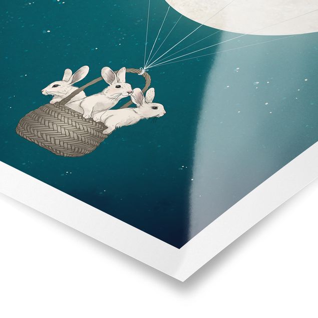 Poster - Illustrazione Hare Balloon Luna cielo stellato - Verticale 4:3