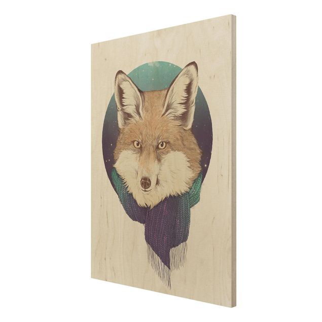 Stampa su legno - Illustrazione Fox Luna Viola Turchese - Verticale 4:3