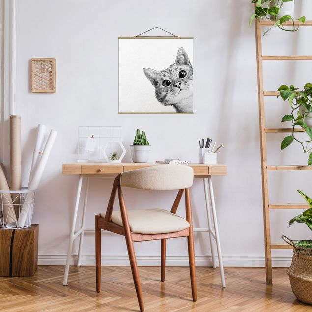 Quadro su tessuto con stecche per poster - Laura Graves - Illustrazione Cat Disegno Nero Bianco - Quadrato 1:1