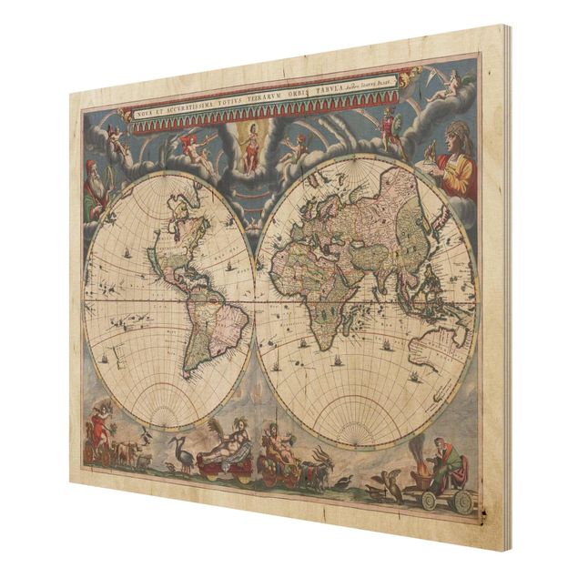Stampa su legno - Storico Mappa del mondo Nova et Accuratissima del 1664 - Orizzontale 3:4