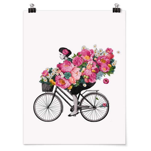 Poster - Illustrazione Donna in bicicletta Collage fiori variopinti - Verticale 4:3