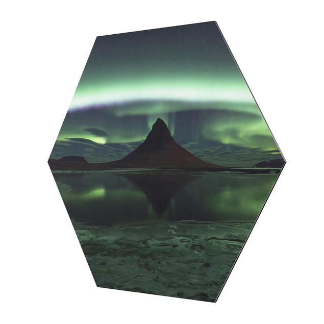 Esagono in Alluminio Dibond - Aurora in Islanda