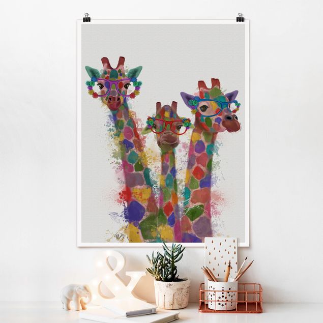 Quadri animali Trio di giraffe con schizzi arcobaleno