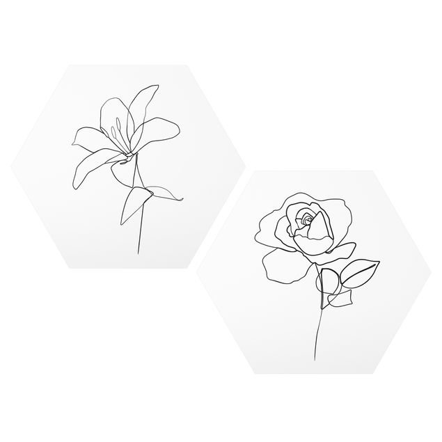 Esagono in Alluminio Dibond - Line Art Flowers Nero Set Bianco