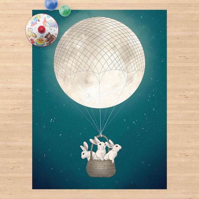 Tappeto per balcone Illustrazione - Conigli e luna come mongolfiera cielo stellato
