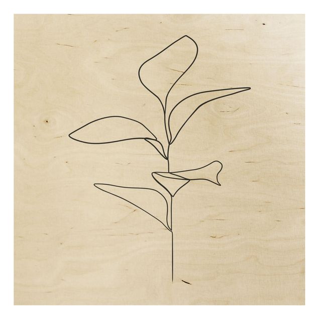 Stampa su legno - Line Art foglie delle piante Bianco e nero - Quadrato 1:1