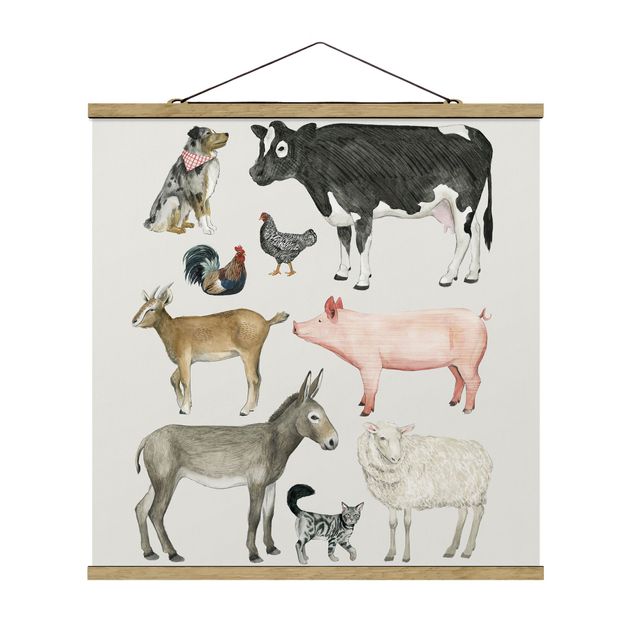 Quadro su tessuto con stecche per poster - La fattoria degli animali Famiglia I - Quadrato 1:1