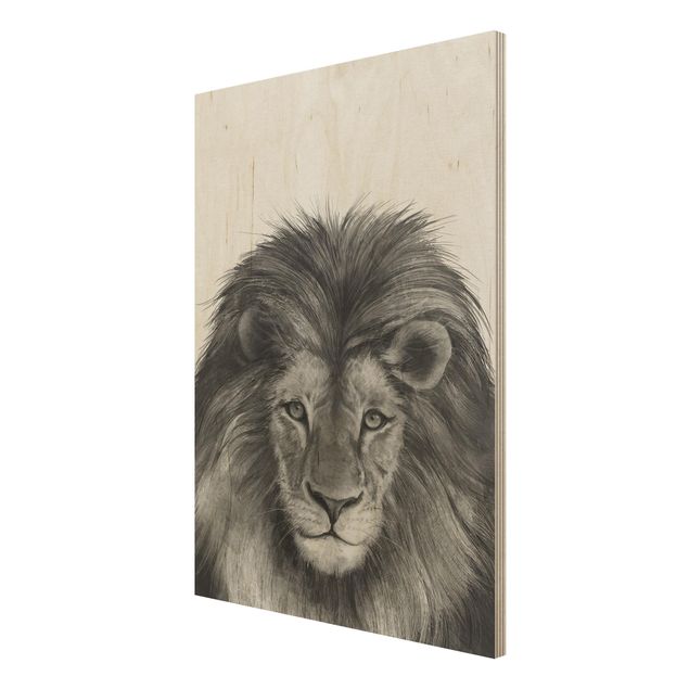 Stampa su legno - Illustrazione del leone Monochrome Pittura - Verticale 4:3