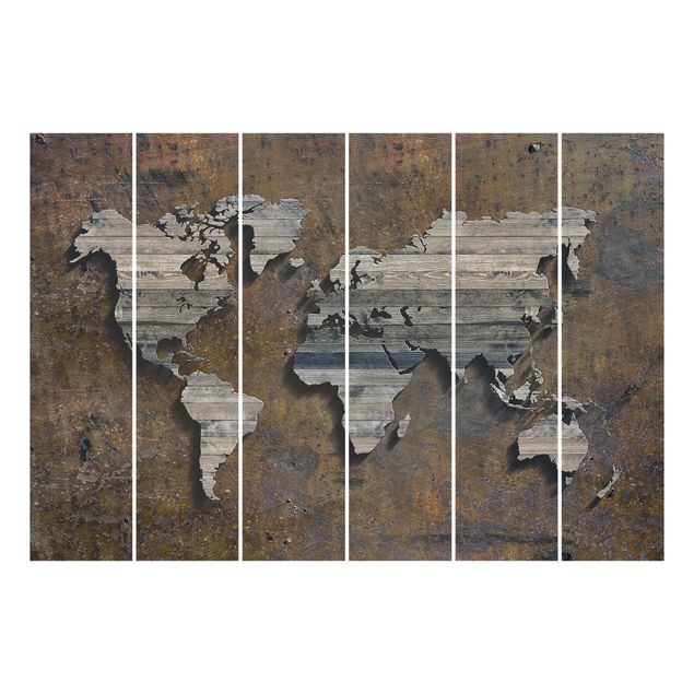 Tende scorrevoli su binario Mappa del mondo con griglia di legno