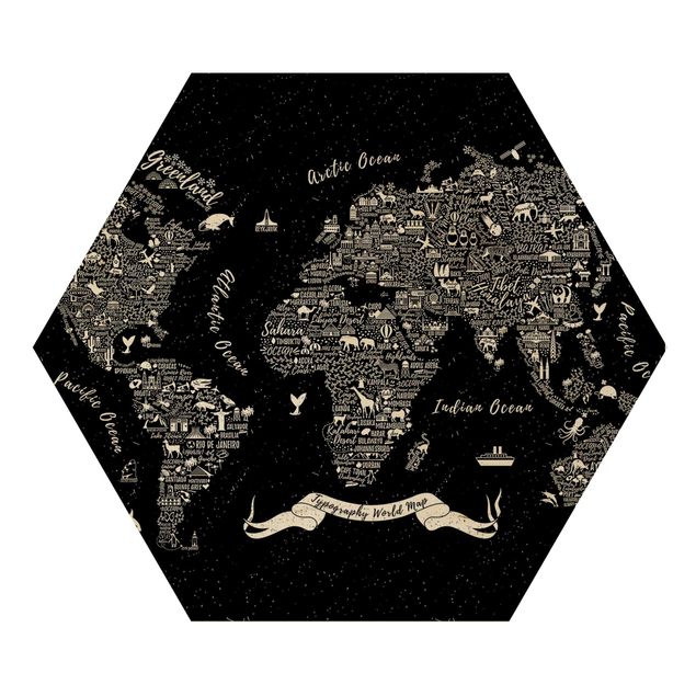 Esagono in legno - Tipografia Mappa del mondo nero