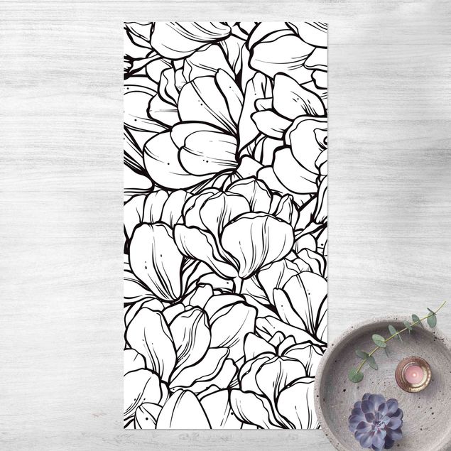 Tappeto per terrazzo esterno Mare di fiori di magnolia in bianco e nero
