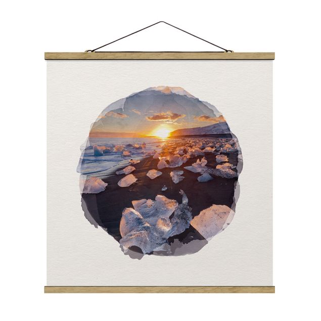 Quadro su tessuto con stecche per poster - Acquerelli - pezzi di ghiaccio sulla spiaggia Islanda - Quadrato 1:1