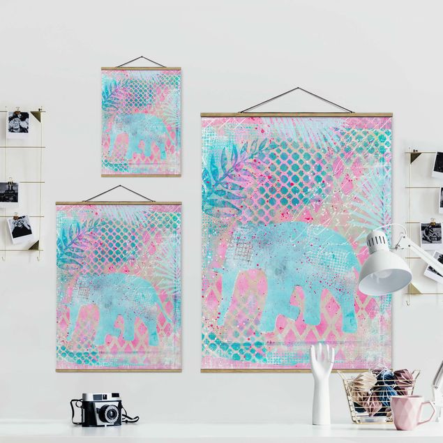 Foto su tessuto da parete con bastone - Colorato collage - Elefante in blu e rosa - Verticale 4:3