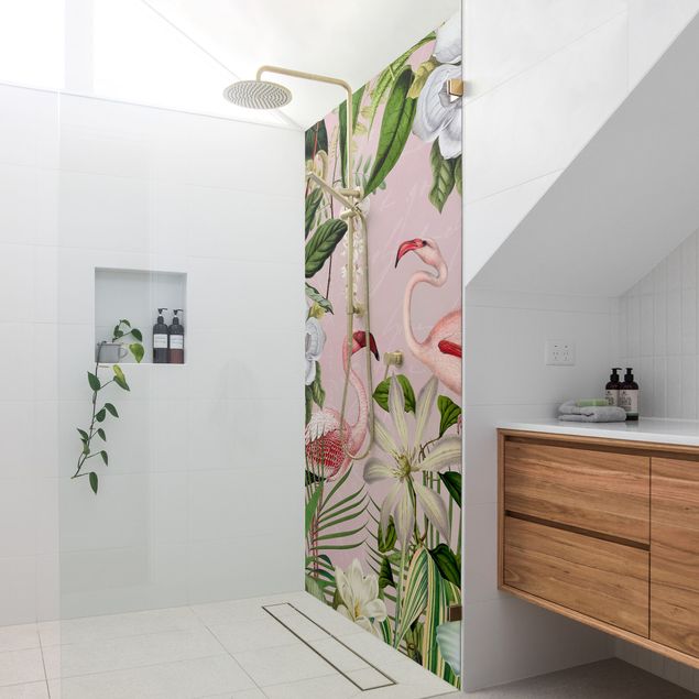 Rivestimento per doccia - Fenicotteri tropicali con piante in rosa