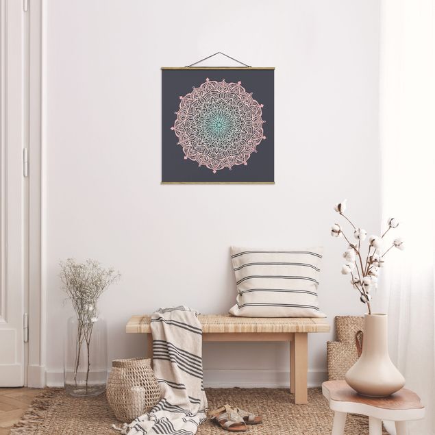 Quadro su tessuto con stecche per poster - Mandala Ornamento In rosa e blu - Quadrato 1:1