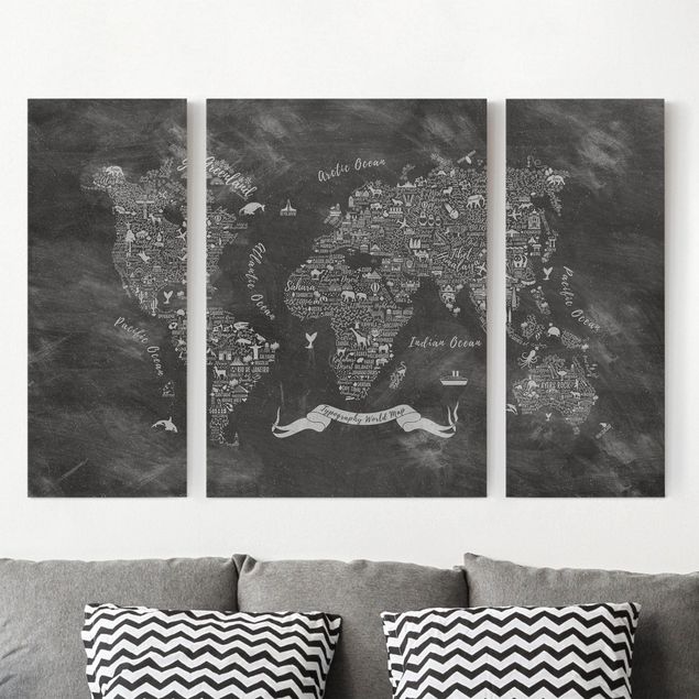 Stampe su tela bianco e nero Mappa del mondo in gesso tipografico