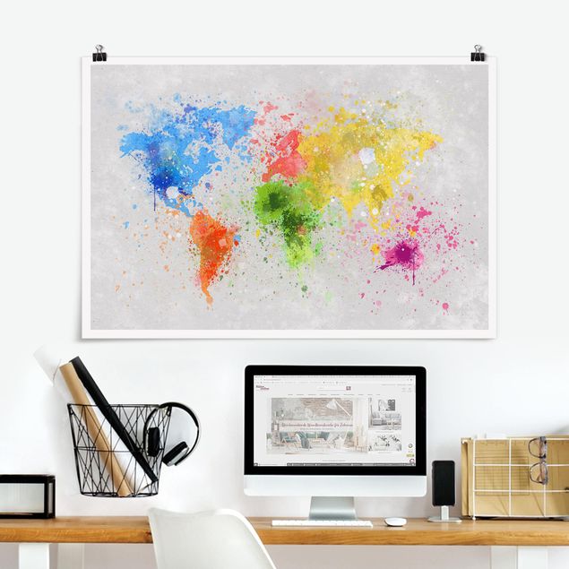 Poster acquerello Mappa del mondo a schizzi colorati