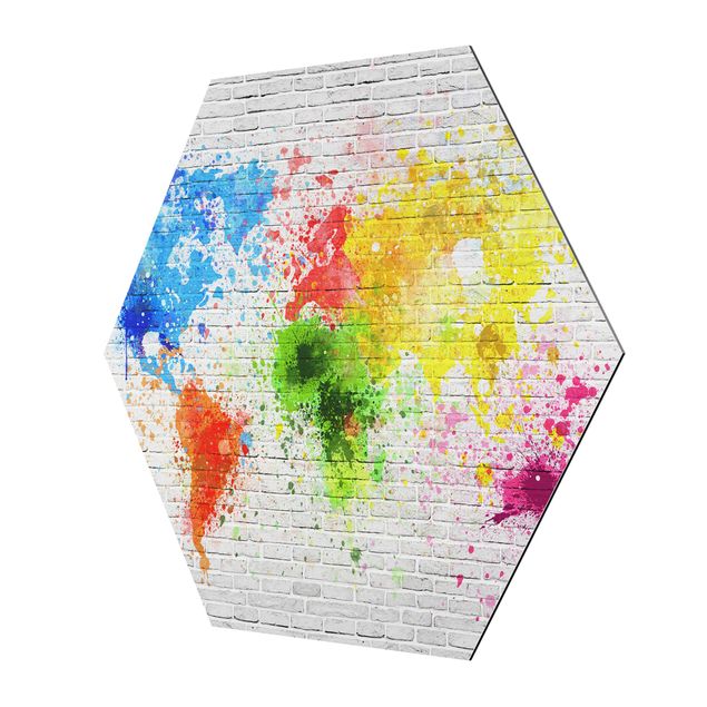 Esagono in Alluminio Dibond - Bianco muro di mattoni Mappa del mondo