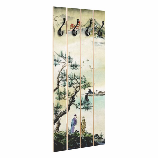 Appendiabiti in legno - Giapponese disegno ad acquerello di pino e Mountain Village - Ganci cromati - Verticale