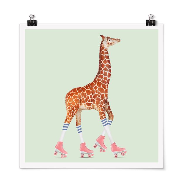 Poster cameretta bambini verde Giraffa con pattini a rotelle