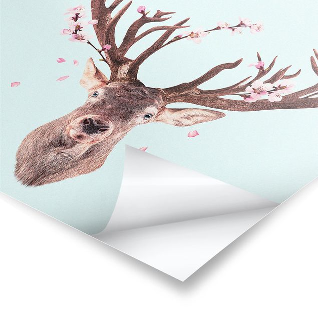Poster - Cervo con Cherry Blossoms - Quadrato 1:1