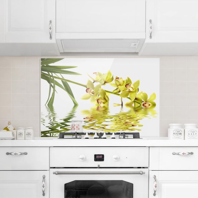 paraschizzi cucina vetro bianco Eleganti acque di orchidea
