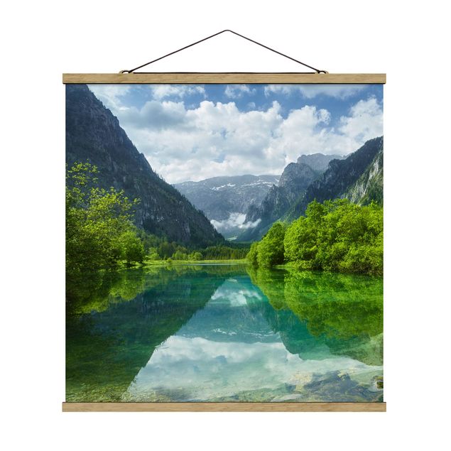 Quadro su tessuto con stecche per poster - Mountain Lake con mirroring - Quadrato 1:1