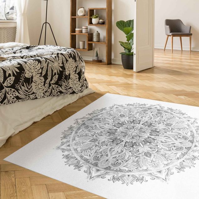 Tappeti moderni soggiorno Mandala Acquerello Ornamento Bianco e Nero
