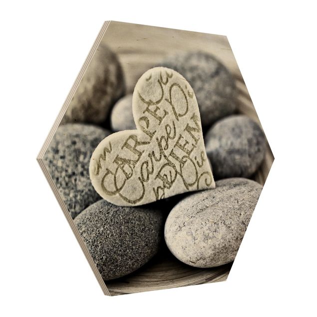 Esagono in legno - Carpe Diem di cuore con pietre