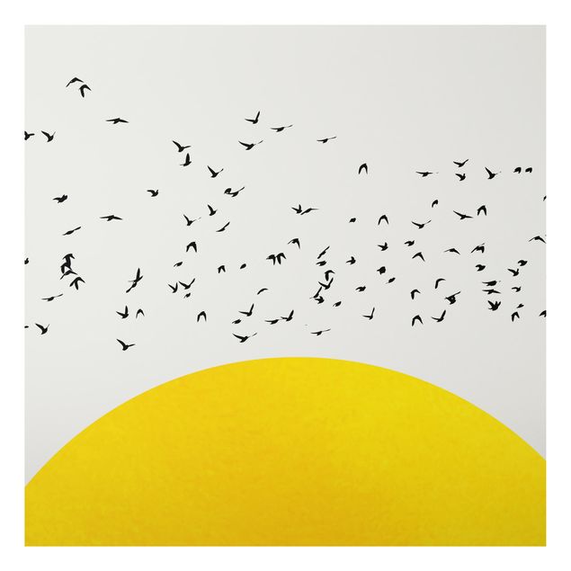 Stampa su alluminio - Stormo di uccelli davanti al sole dorato - Quadrato 1:1