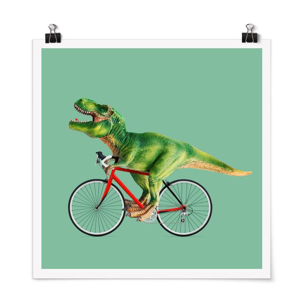 Poster cameretta bambini verde Dinosauro con bicicletta