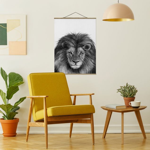 Foto su tessuto da parete con bastone - Laura Graves - Illustrazione del leone Monochrome Pittura - Verticale 4:3