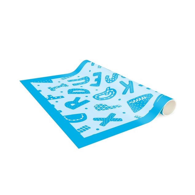 Tappeto bagno blu Alfabeto con cuori e puntini in blu con cornice