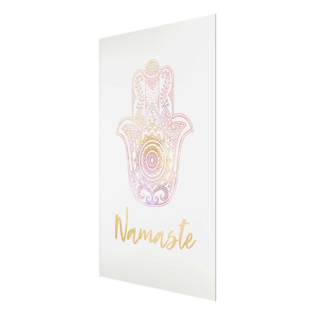 Quadro in vetro - Illustrazione Hamsa mano Namaste oro rosa - Orizzontale 2:3