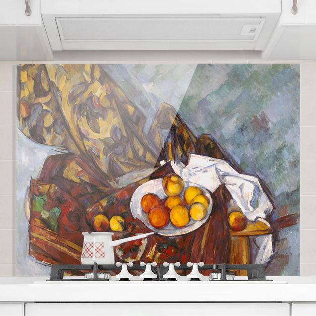 paraschizzi in vetro magnetico Paul Cézanne - Natura morta, tendaggio di fiori e frutta