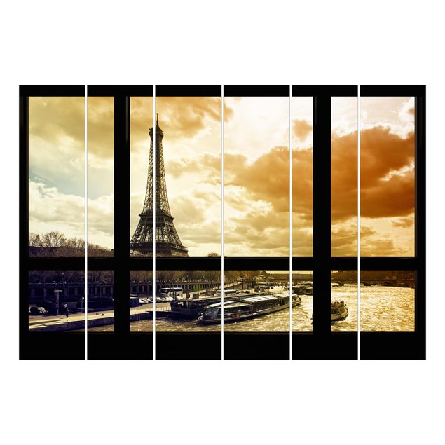 tende a pannello con binario Vista dalla finestra - Parigi Torre Eiffel al tramonto