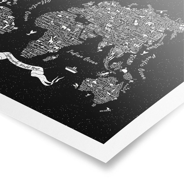 Poster - Tipografia Mappa del mondo nero - Orizzontale 2:3