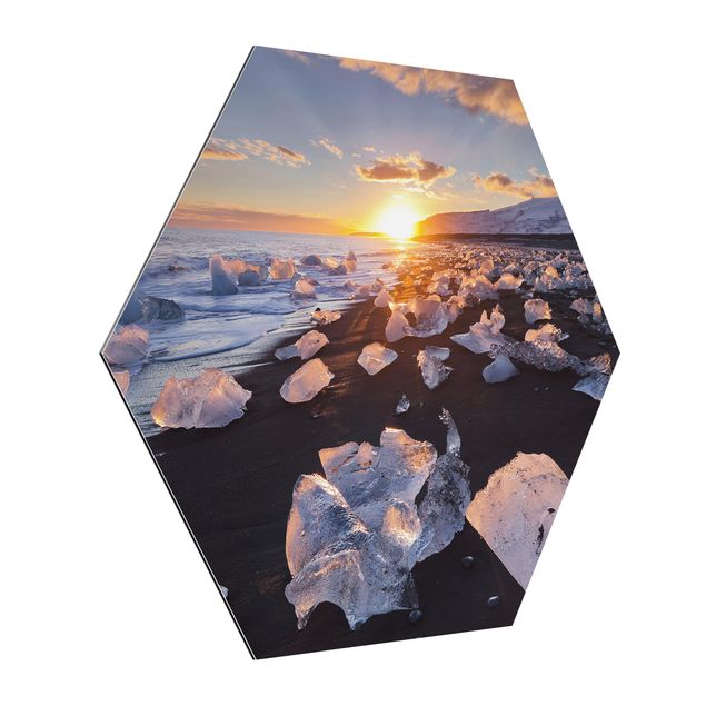 Esagono in Alluminio Dibond - Pezzi di ghiaccio Sulla Spiaggia Islanda