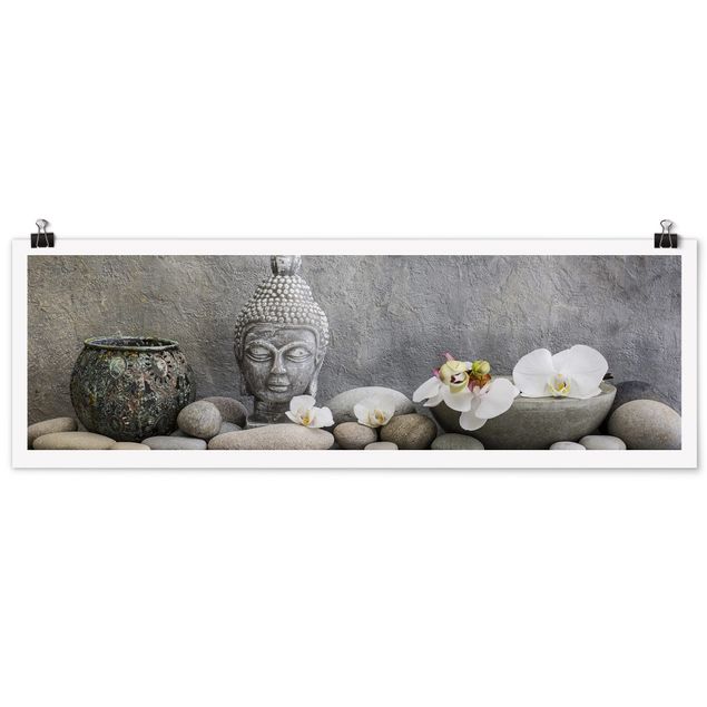 Poster - Zen Buddha con orchidee bianche - Panorama formato orizzontale